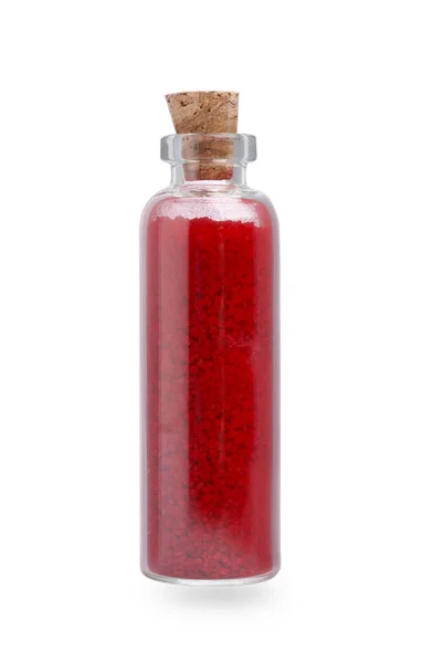 白に隔離された赤い食品着色料のガラス瓶 — ストック写真