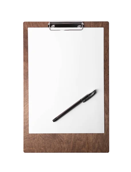 Houten Klembord Met Vel Papier Pen Geïsoleerd Wit Bovenaanzicht Ruimte — Stockfoto