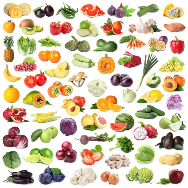 Muitas Frutas Legumes Frescos Fundo Branco Design Colagem — Fotografia de Stock
