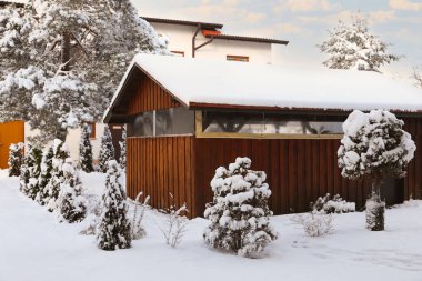 Winter landscape with wooden house, trees and bushes in morning