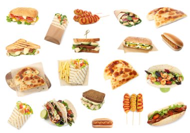 Beyaz arka planda farklı lezzetli fast food kolajı
