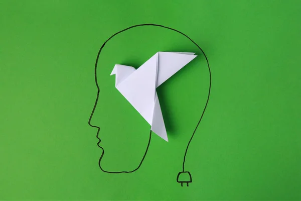 Yeşil Arka Planda Beyaz Kağıt Kuşlu Insan Kafası Çizin Üst — Stok fotoğraf