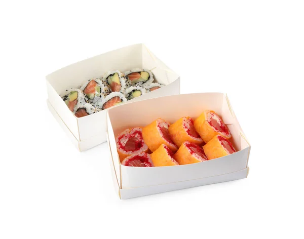 Livraison Nourriture Boîtes Papier Avec Différents Délicieux Rouleaux Sushi Sur — Photo