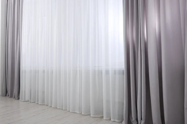 Light Grey Window Curtains White Tulle Indoors — Stock Photo, Image