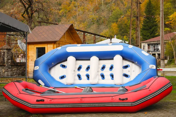 Inflatable Rubber Fishing Boats Valley Mountain Village — Stock Photo, Image