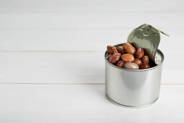 Tin Can Kidney Beans White Wooden Table Space Text — Stock Photo, Image