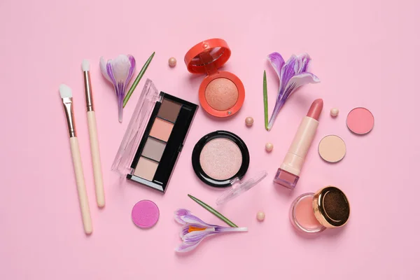 Flat Lay Composition Different Makeup Products Beautiful Flowers Pink Background — Stock Photo, Image
