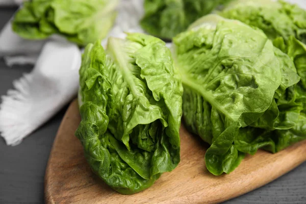 Fresh Green Romaine Lettuces Grey Wooden Table Closeup — Stock Photo, Image