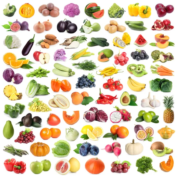 Mnoho Čerstvého Ovoce Zeleniny Bílém Pozadí Koláž Design — Stock fotografie