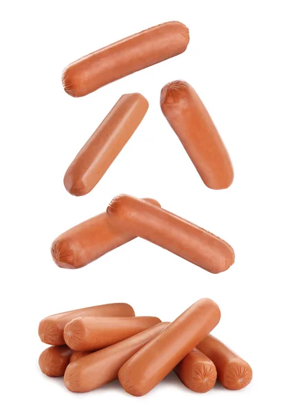 Fresh Raw Sausages Falling White Background — Stock Photo, Image