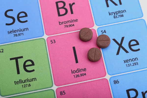 stock image Symbol Iodine and pills on periodic table of elements, top view