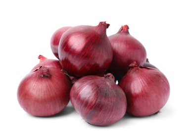 Many fresh red onions on white background
