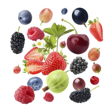 Beyaz arkaplana düşen bir sürü taze meyve.