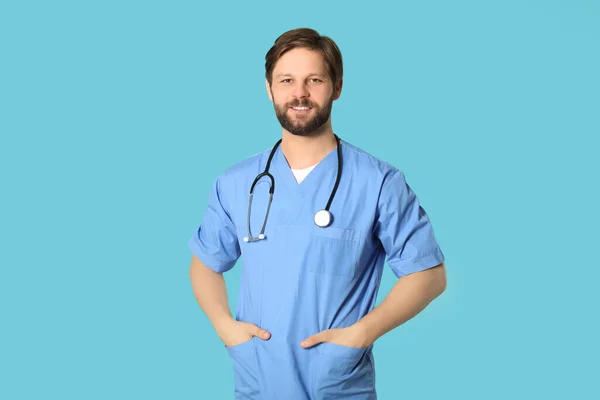 Happy Doctor Medical Assistant Male Nurse Stethoscope Turquoise Background — Foto de Stock