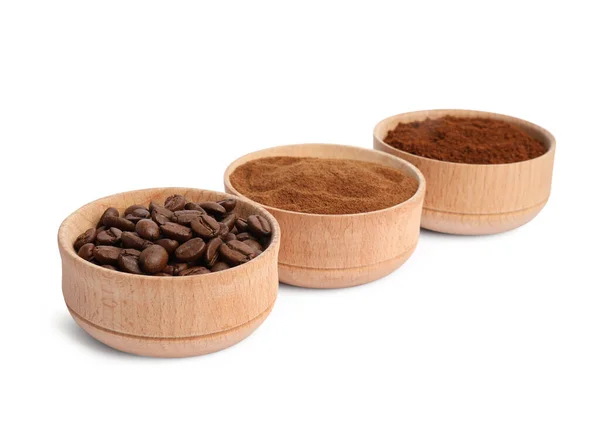 Kommen Bonen Instant Gemalen Koffie Witte Achtergrond — Stockfoto
