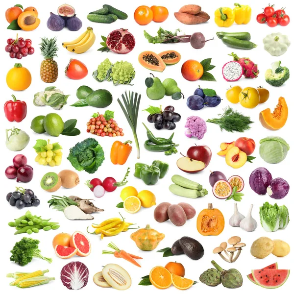 Beyaz Arka Planda Birçok Taze Meyve Sebze Kolaj Tasarımı — Stok fotoğraf