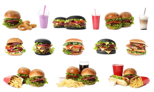Fast Food Collage Met Verschillende Heerlijke Hamburgers Drankjes Frietjes Witte — Stockfoto