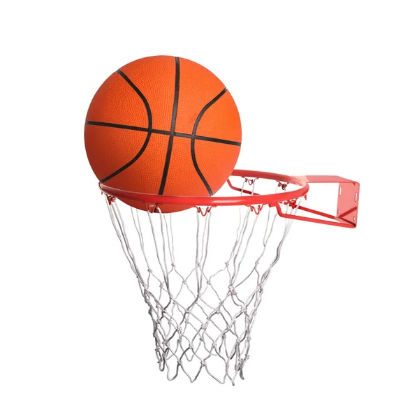 バスケットボールボールがフープに落ち ネットが白に隔離された — ストック写真