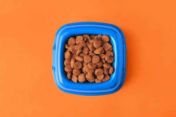 Cibo Animali Domestici Asciutto Ciotola Alimentazione Sfondo Arancione Vista Dall — Foto Stock