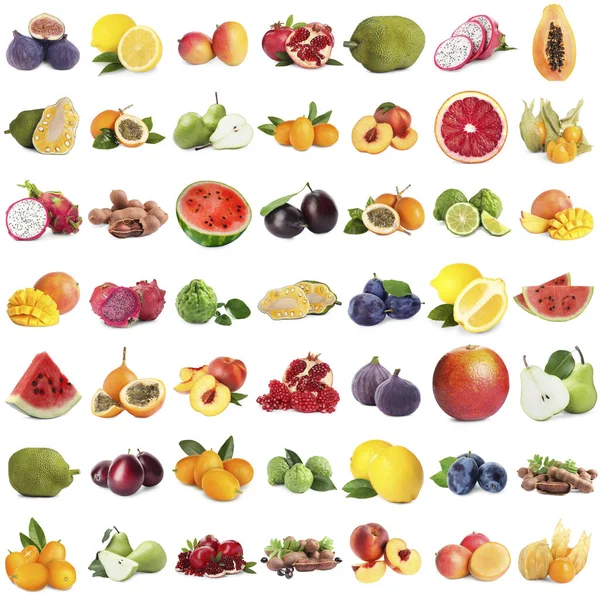 Kolaż Różnych Świeżych Owoców Białym Tle — Zdjęcie stockowe