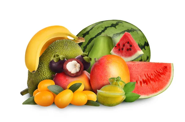 Muitas Frutas Frescas Diferentes Fundo Branco — Fotografia de Stock