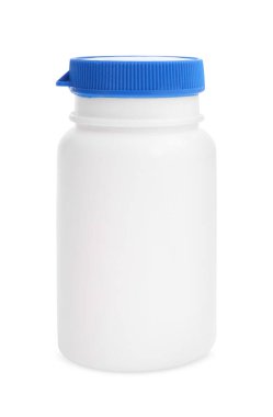 Kapalı plastik ilaç şişesi beyaza izole edilmiş. Medicament
