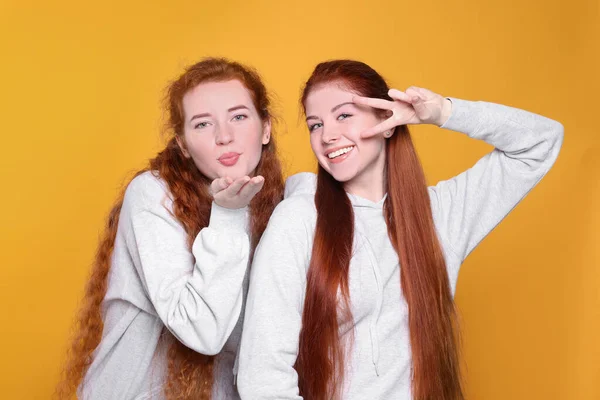 Turuncu Arka Planda Güzel Kızıl Saçlı Kız Kardeşlerin Portresi — Stok fotoğraf