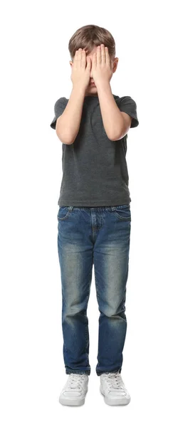 Boy Covering Face Hands White Background Children Bullying — Stock Photo, Image
