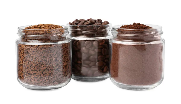 Potten Met Verschillende Soorten Koffie Witte Achtergrond — Stockfoto