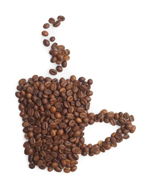 ホットドリンクのカップ 白で隔離されたコーヒー豆で作られた組成物 トップビュー — ストック写真