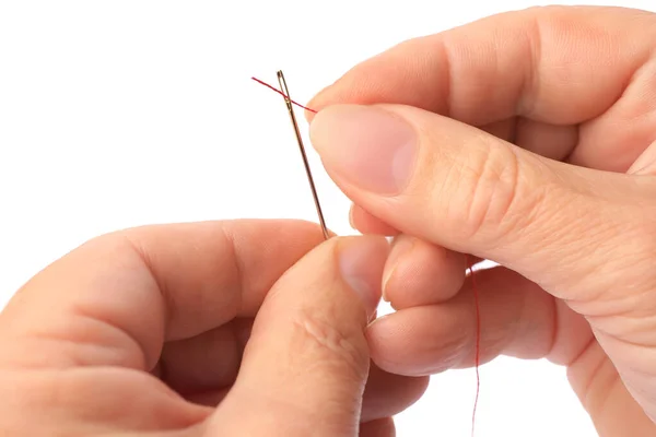 Woman Threading Sewing Needle White Background Closeup — Stok fotoğraf