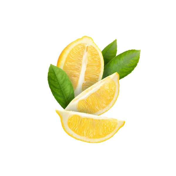 Нарізати Свіжий Лимон Зеленим Листям Ізольовано Білому — стокове фото