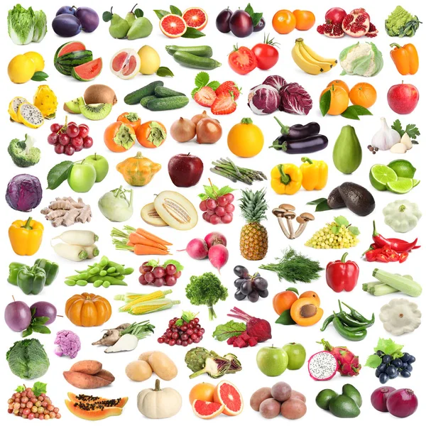 Molti Frutta Verdura Fresca Sfondo Bianco Disegno Collage — Foto Stock