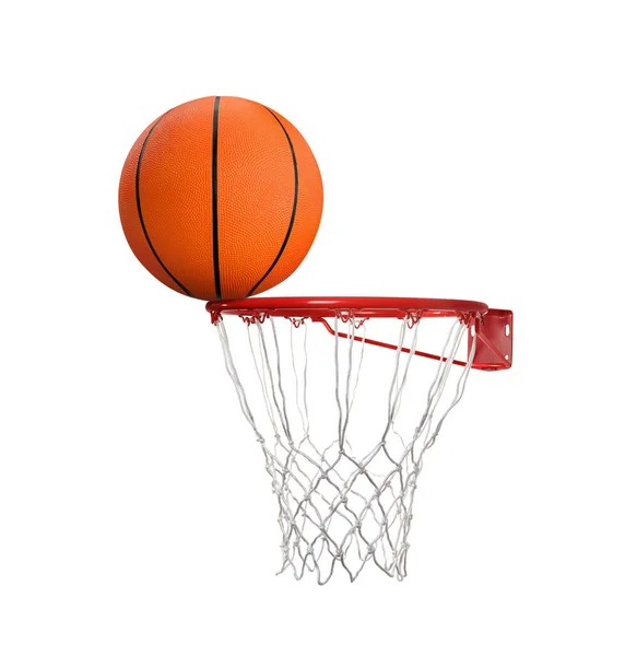 篮筐边缘的篮球 球网与白底相映衬 — 图库照片