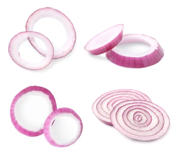 stock image Collage with fresh red onion slices on white background