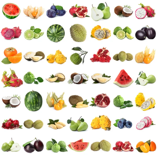 Colaj Diferite Fructe Proaspete Fundal Alb — Fotografie, imagine de stoc