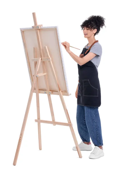 Mujer Joven Pintando Sobre Caballete Con Lienzo Sobre Fondo Blanco — Foto de Stock