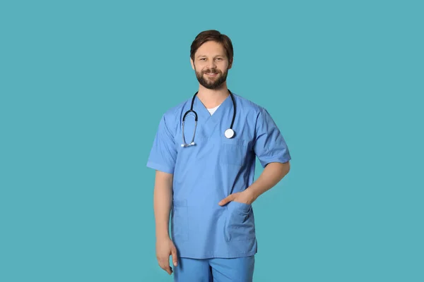 Happy Doctor Medical Assistant Male Nurse Stethoscope Turquoise Background — Stock Fotó