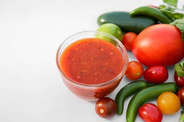 Bowl Delicious Salsa Sauce Ingredients White Background Closeup Space Text — Stock Photo, Image