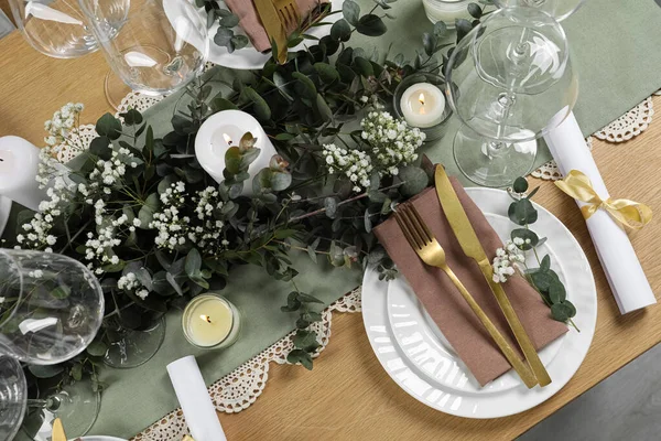 Stylish Elegant Table Setting Festive Dinner Flat Lay — Stock Photo, Image