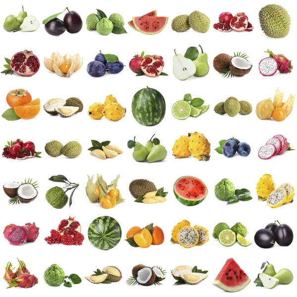 Colagem Frutas Frescas Diferentes Fundo Branco — Fotografia de Stock