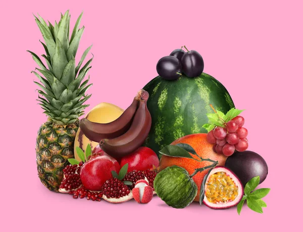 Many Different Fresh Fruits Pink Background — Stock Photo, Image