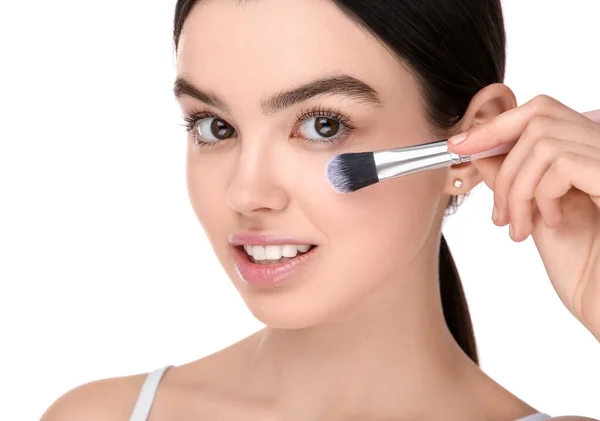 Teenage Girl Makeup Brush White Background — Stock Photo, Image
