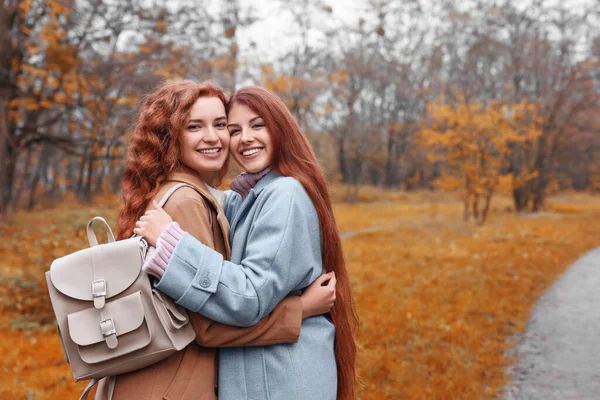 Sonbahar Günü Parkta Güzel Kızıl Saçlı Kız Kardeşlerin Portresi Metin — Stok fotoğraf