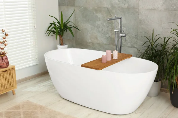 美しい浴槽と観葉植物とスタイリッシュなバスルームのインテリア — ストック写真