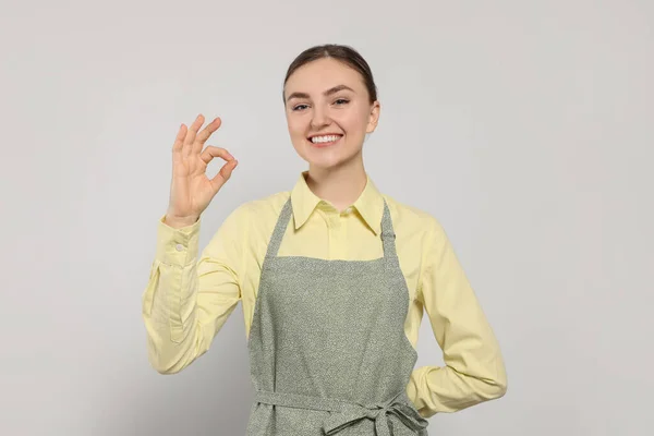 Beautiful Young Woman Clean Apron Pattern Light Grey Background — 스톡 사진