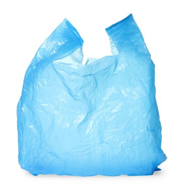 Bir açık mavi plastik çanta beyaza izole edilmiş.
