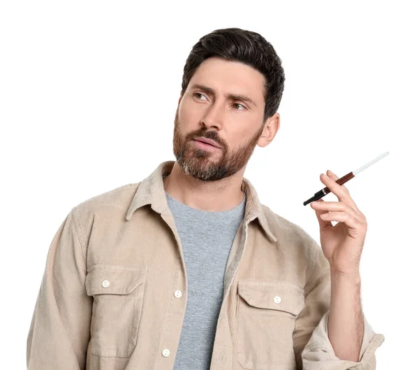Uomo Che Utilizza Portasigarette Fumare Isolato Bianco — Foto Stock