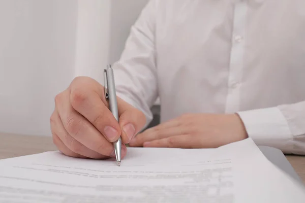 Man Signing Document Table Closeup View — Fotografia de Stock