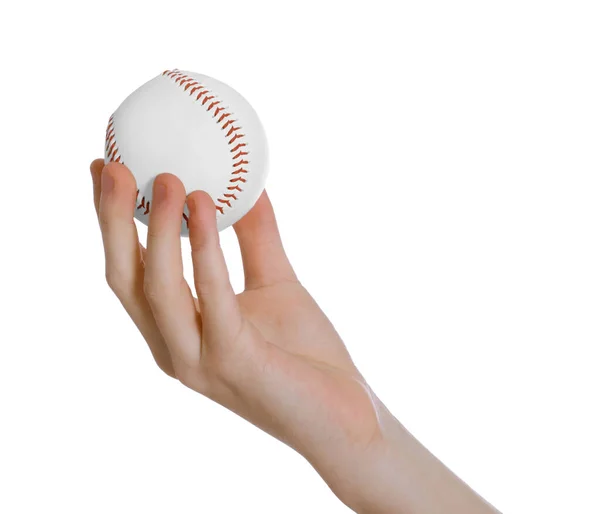 白い背景の野球ボールを持つ男の子 クローズアップ — ストック写真